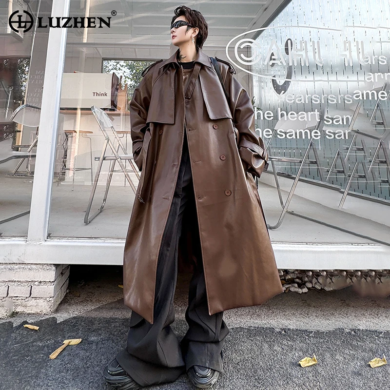 

LUZHEN 2024 Street Fashion Patchwork Design Long Leather Windbreaker Coat Men's Elegant Trendy Loose Knee-length Original Trench