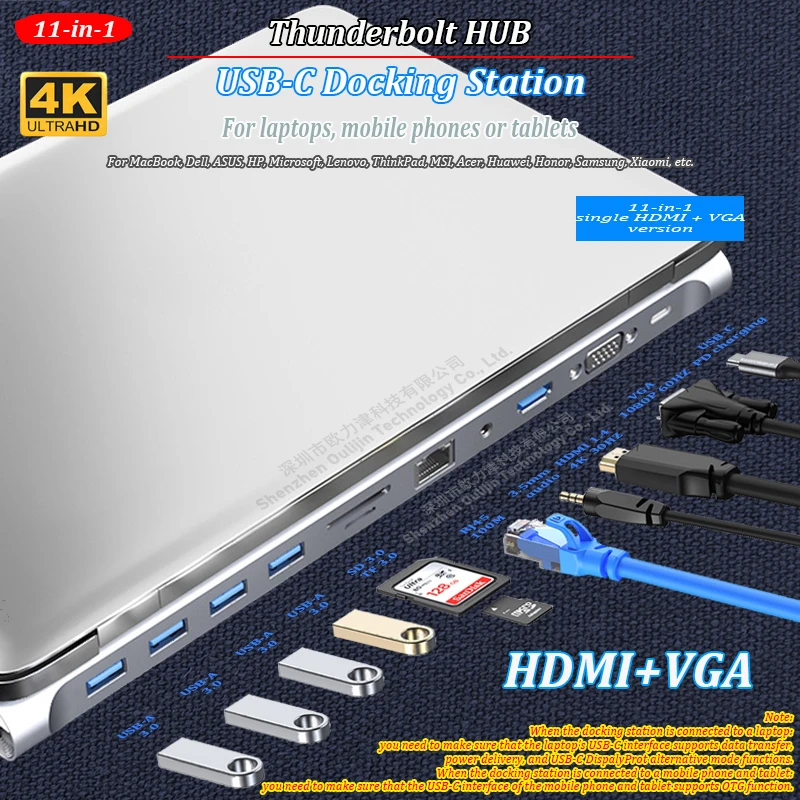 USB C Dual Monitor Docking Station with 4K HDMI,VGA,RJ45,PD 100W,3.5 jack,USB,SD,TF,11-in-1 Type C Hub for Laptop Lenovo Dell HP