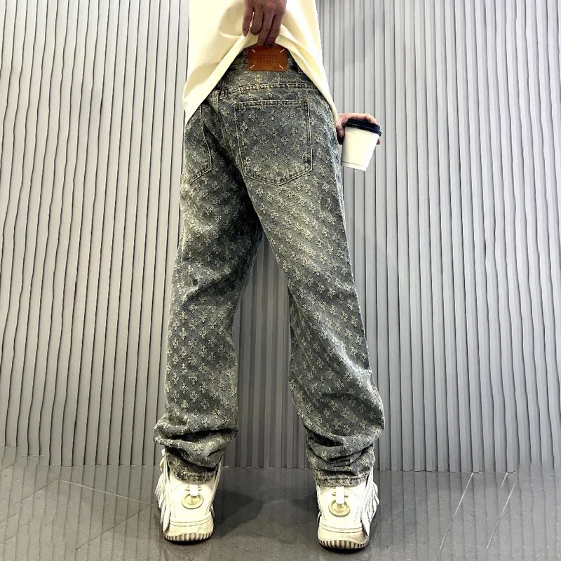 

2025 Jacquard Full Print High Street Trendy Brand Ins Design Sense Jeans Loose Straight Tube Washed Wide Leg Long Pants