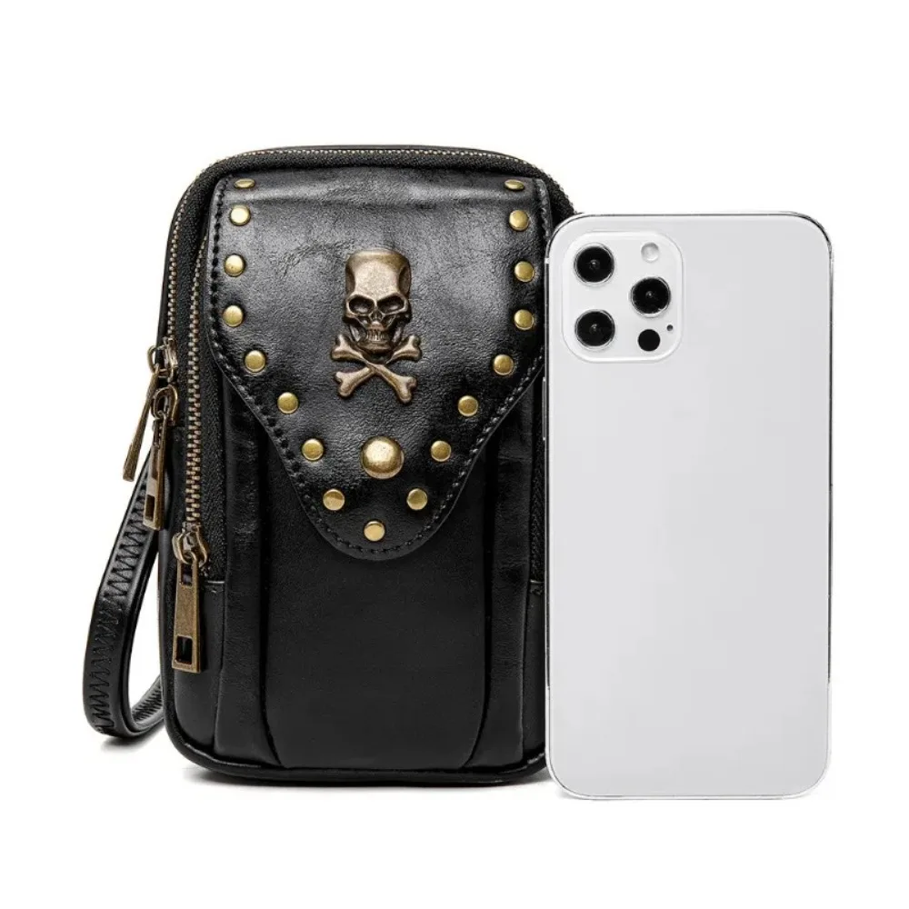 Retro Punk Portemonnee Heuptasjes Speciale Schedel Klinknagel Dames Schoudertas Mobiele Telefoon Tas Hip-Hopstyle Zwarte Kleine Handtas Cartera