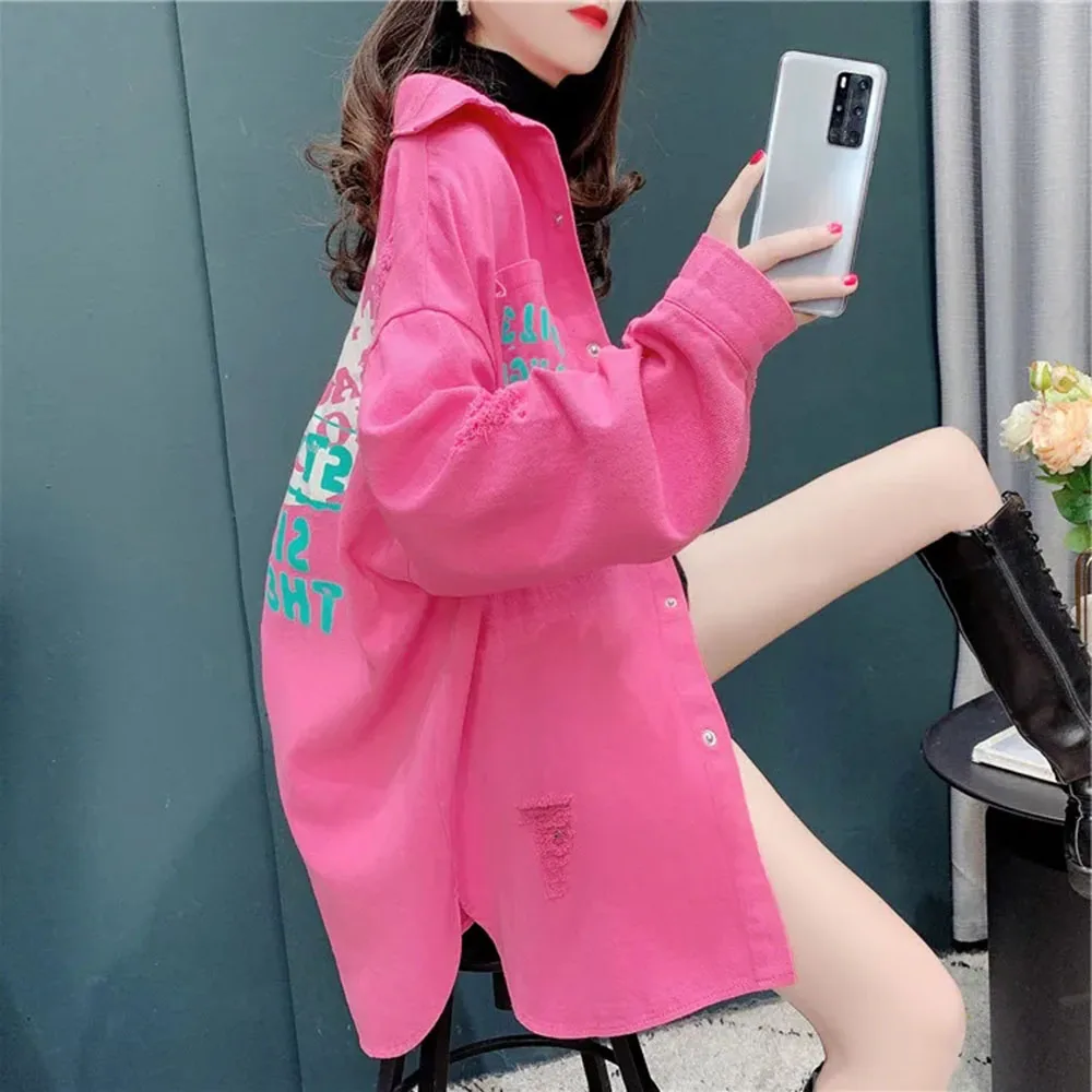 Autumn Denim Shirt Jacket Women Retro Korean Loose Letter Print Long Irregular Bottom Hole Blouses Female Casual Long Shirt Coat