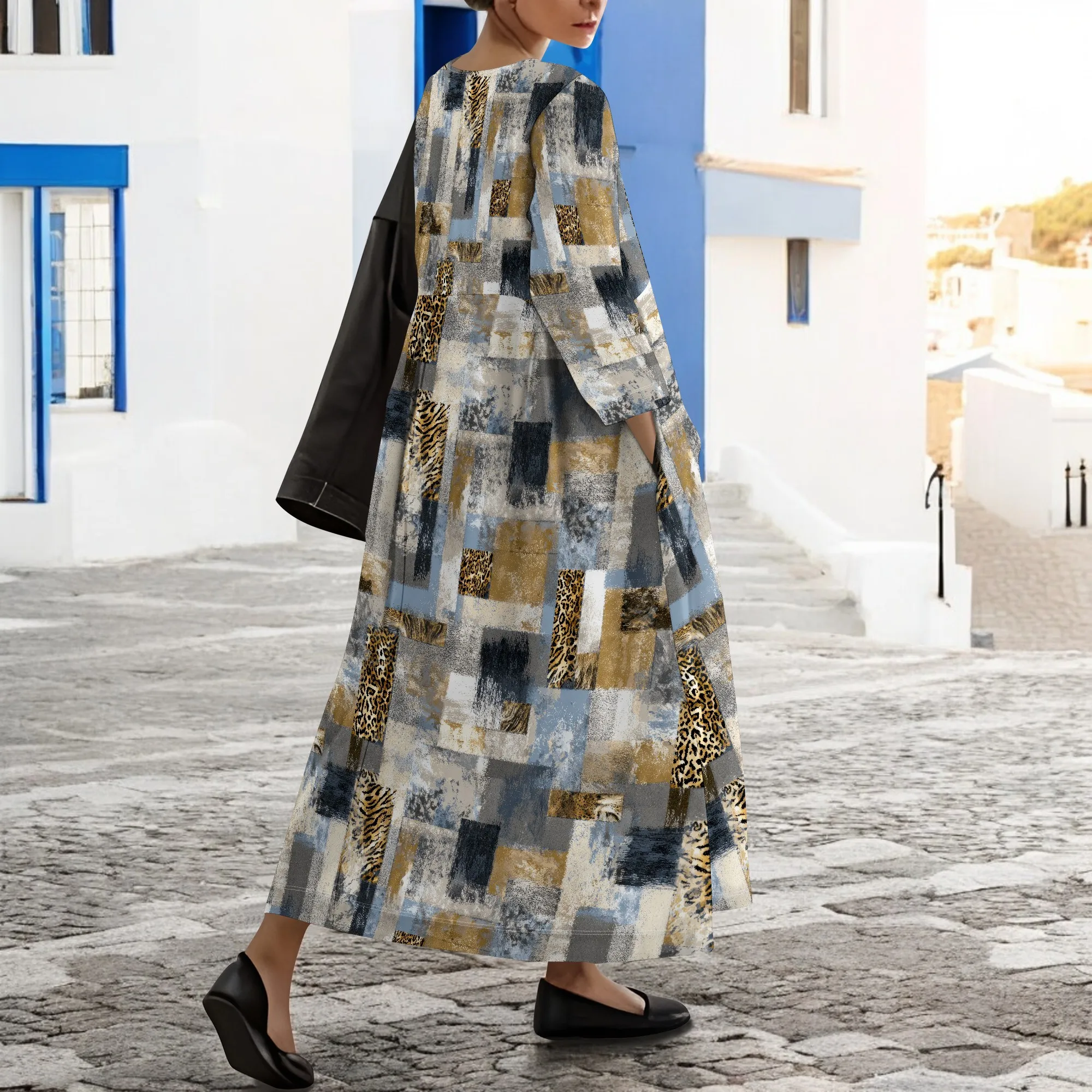 สตรีฤดูใบไม้ร่วงลําลอง 3/4 Sleeve Floral Prirted Maxi Dress Plus ขนาด V คอ Flowy Swing Tunic Shift ชุด 2 กระเป๋า