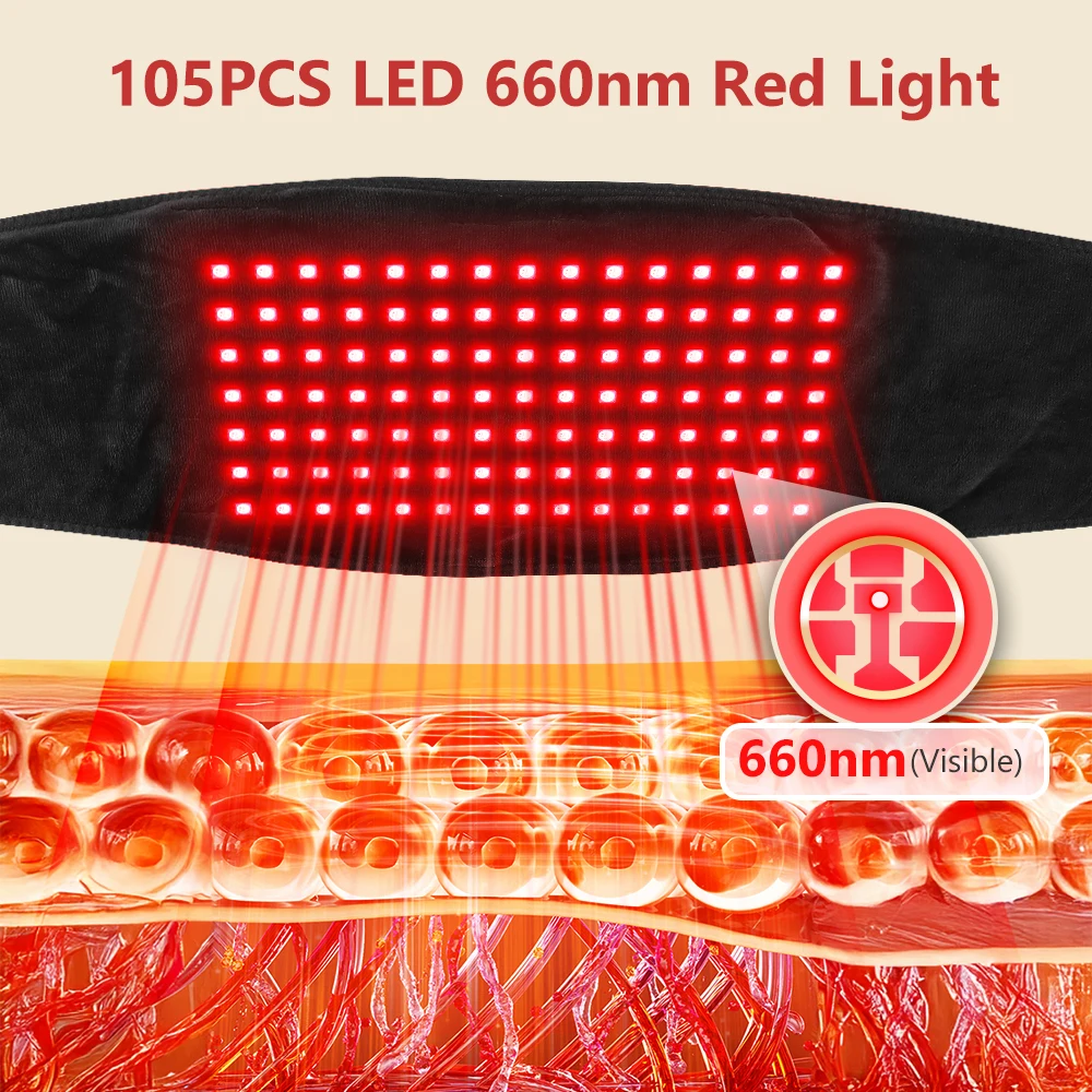 Hot Compress Belt Red Light Belt 105 LEDs 660nm for Waist Shoulder, 3 Heat Levels USB Heated Wrap with Power Bank Pocket