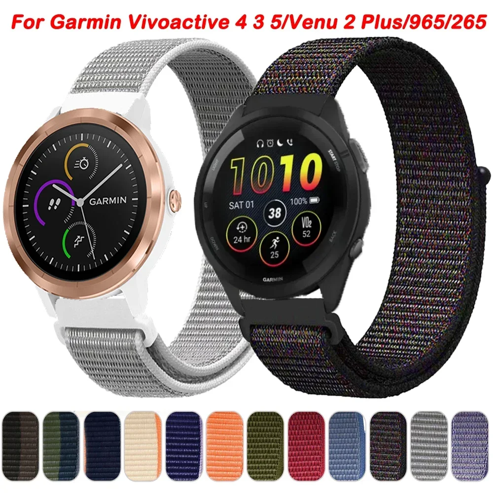 20 22 مللي متر حزام ساعة من النايلون للغارمين Vivoactive 3 4 5/Venu 2 Plus/Venu 3/Forerunner 55 158 265 965 745 645 255 حزام حلقة الموسيقى