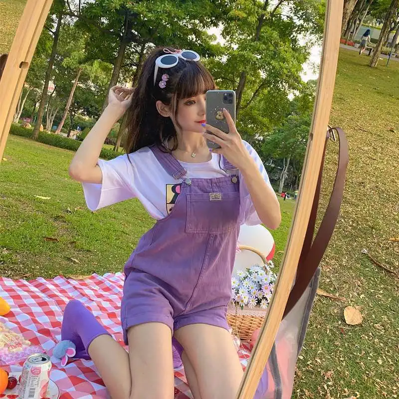 Rompers Women Purple Pink Suspenders Denim Vacation Sweet Girls Cute Korean Style Overalls Femme Clothing Lovely Lady Fashion