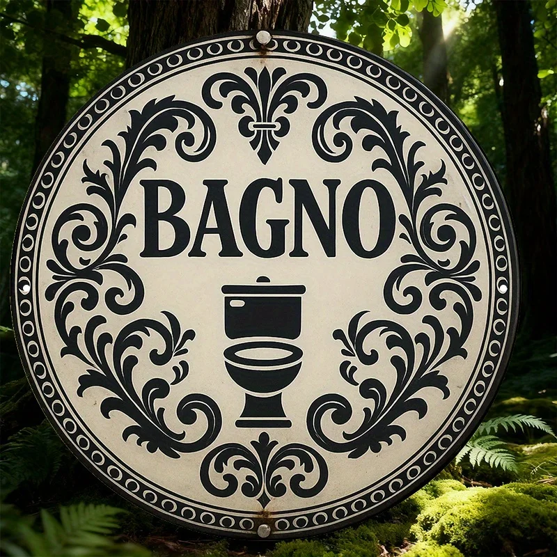 Vintage Decorative Sign in Italian, an 20.32X20.32 cm Round Aluminum Plaque Related to 'BAGNO Bathroom', Suitable for Decor