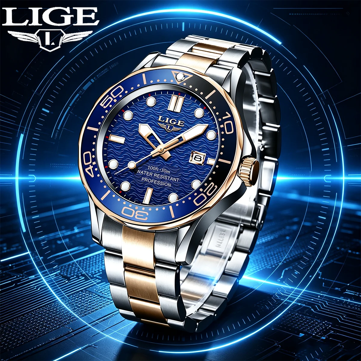 LIGE Diver Men's Watch Two Tone Rose Blue Steel Black Dial 30M Waterproof Luminous Quartz Wristwatch Male Clock Montre Homme+BOX
