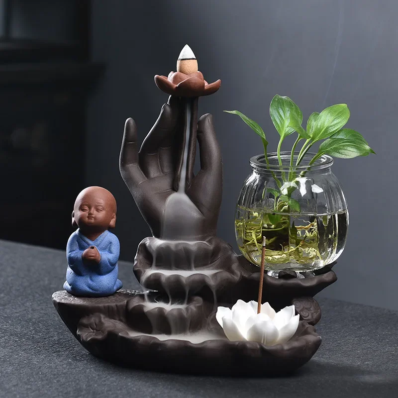 

Zen Monk украшения для дома Будда рука керамические изделия ручной работы держатель для ароматических палочек с обратным потоком фиолетовая глиняная курильница