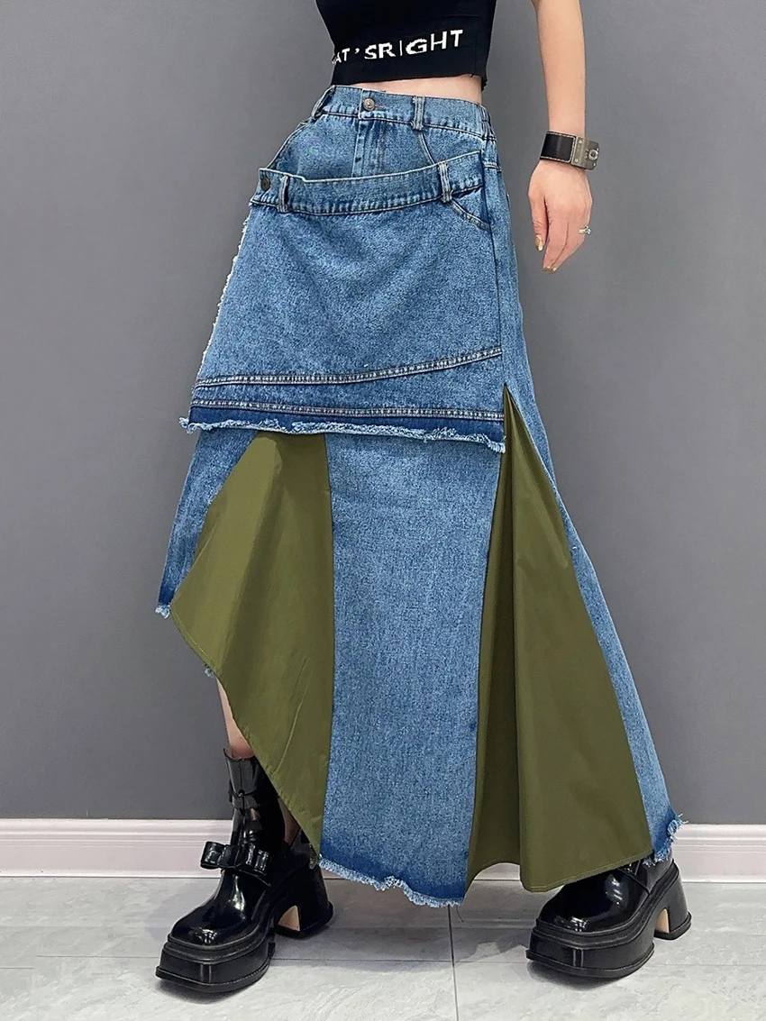 230864 High Elastic Waist Black Denim Irregular Color-Block Half-Body Skirt Women Fashion Tide New Spring Autumn 2025