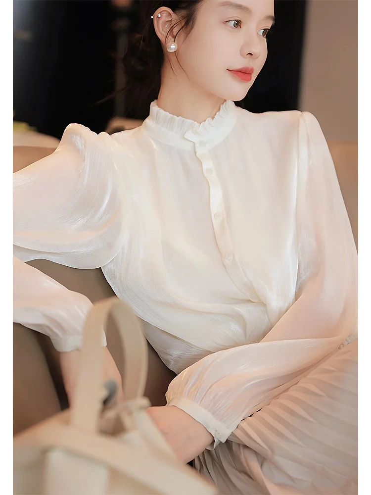 

White Stand Collar Chiffon Blouse Women's New Style Spring Autumn Bubble Sleeve Top Layered Wear Inner Match Base Shirt Winter