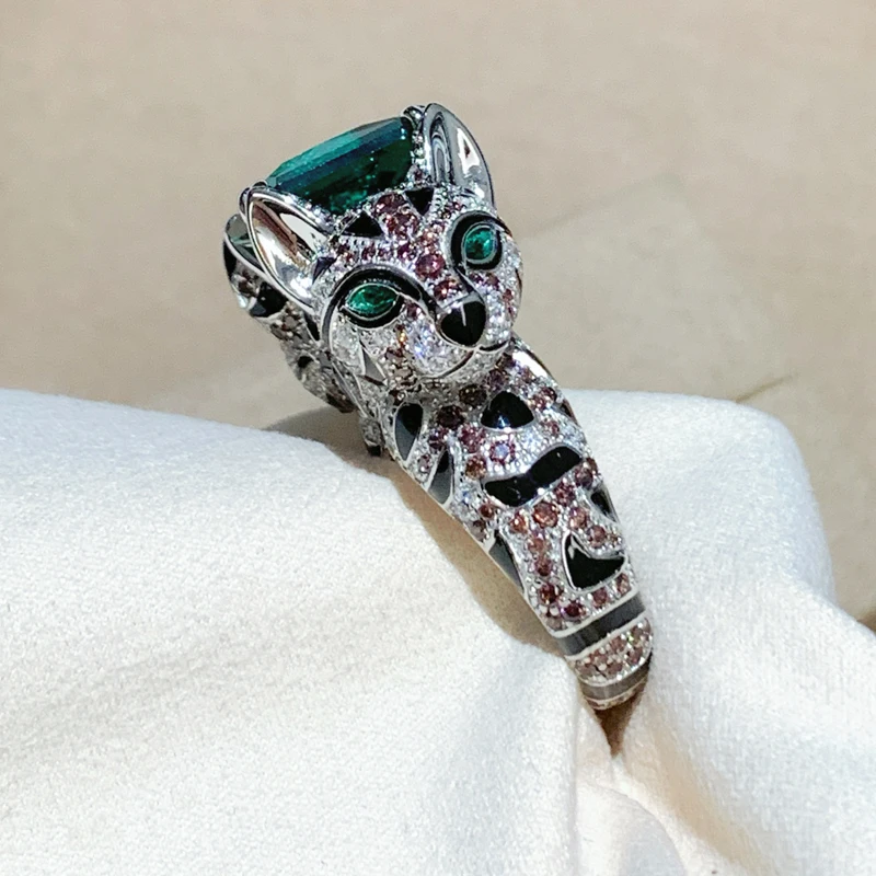 Trendy Real 925 Sterling Silver Rings For Women Gift Leopard Print Green Crystal Design 5a Zircon Ring Luxury Fine Jewelry