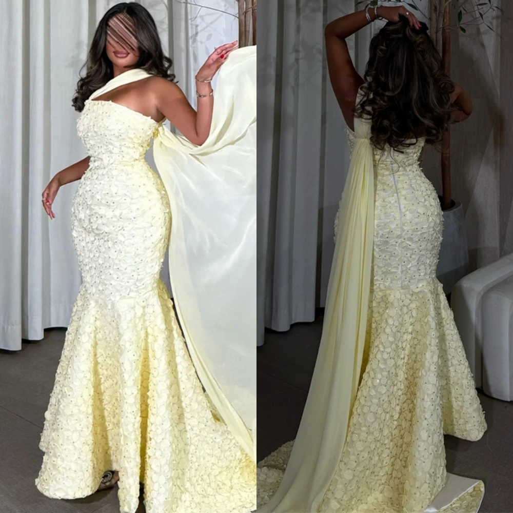 

Customized Elegant Yellow Jersey Evening Dress Formal Strapless Sleeveless Celebrity Gowns Soft Mermaid Court Train Party Dress