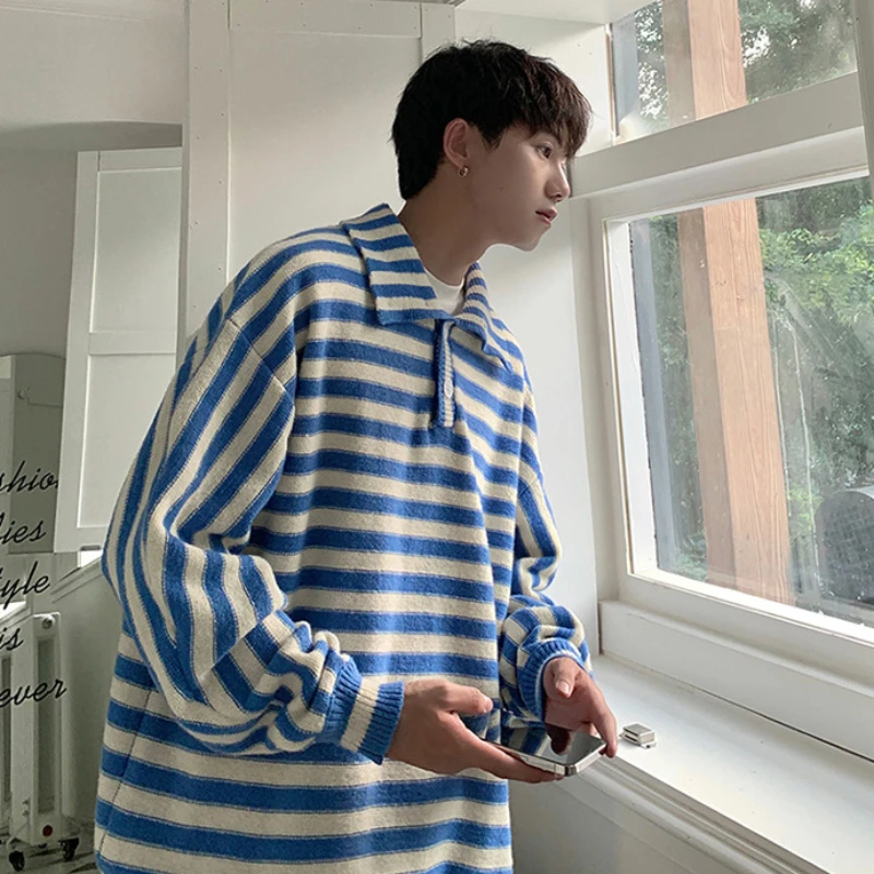 Striped Sweaters Men Simple Popular All-match Spring Autumn Turn-down Collar Panelled Button Korean Style Male Slouchy Pullovers