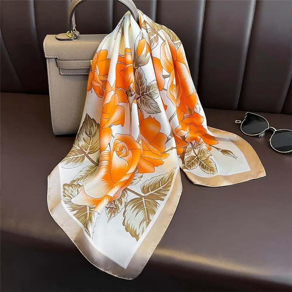 Breathable 70x70cm Square Silk Scarf Elegant Lemon Print Head Wrap Hair Band Spring Summer Yellow Neck Scarf for Women