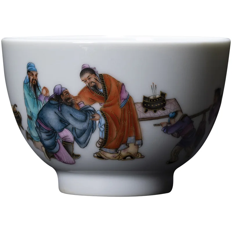 |Kung Fu tea cup hand painted pastel figure three knot righteousness master cup tea cup hand-made Jingdezhen tea set