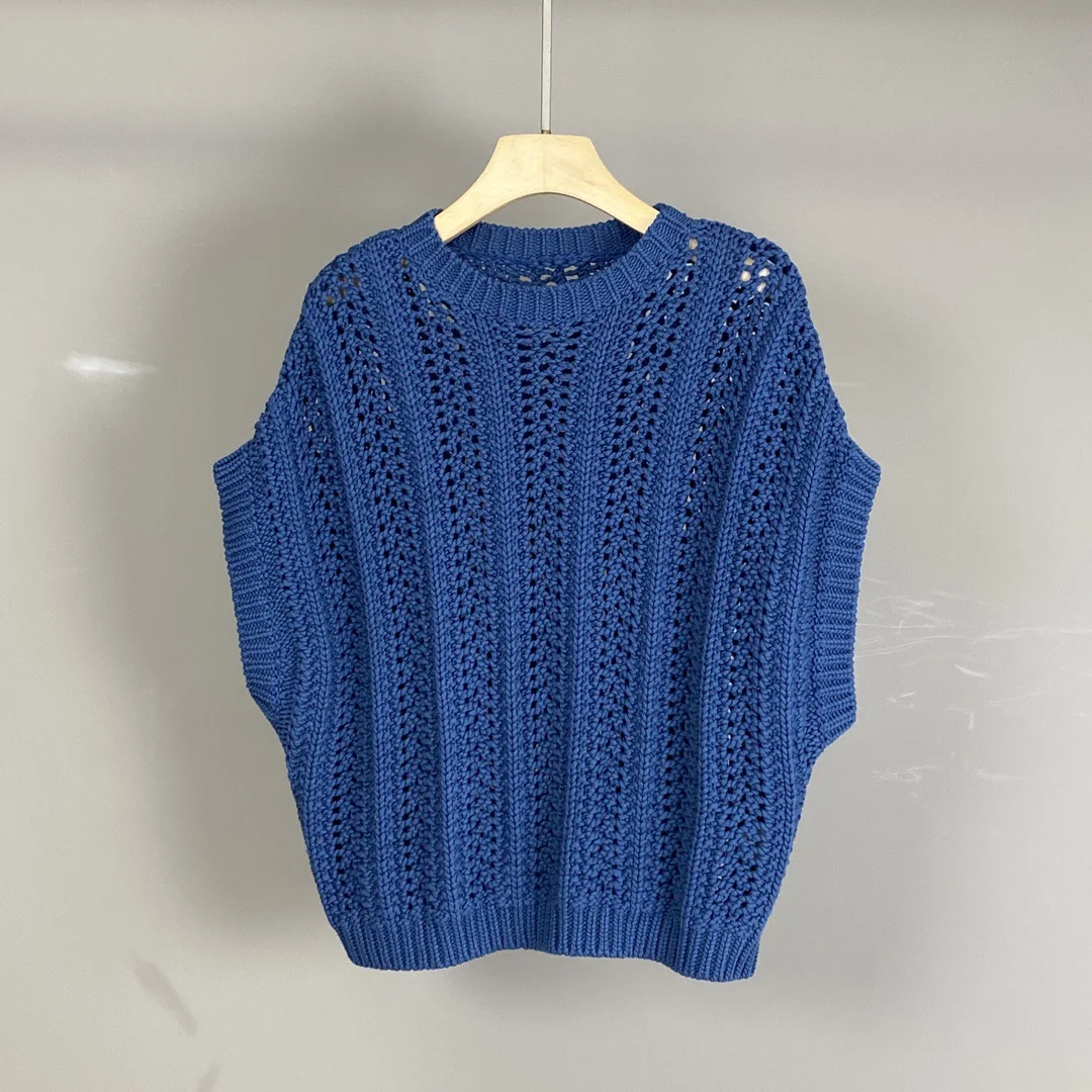 

2025 Spring And Summer New Solid Color Mesh Hollow Pullover Round Neck Elegant Versatile Knitted Sweater Vest