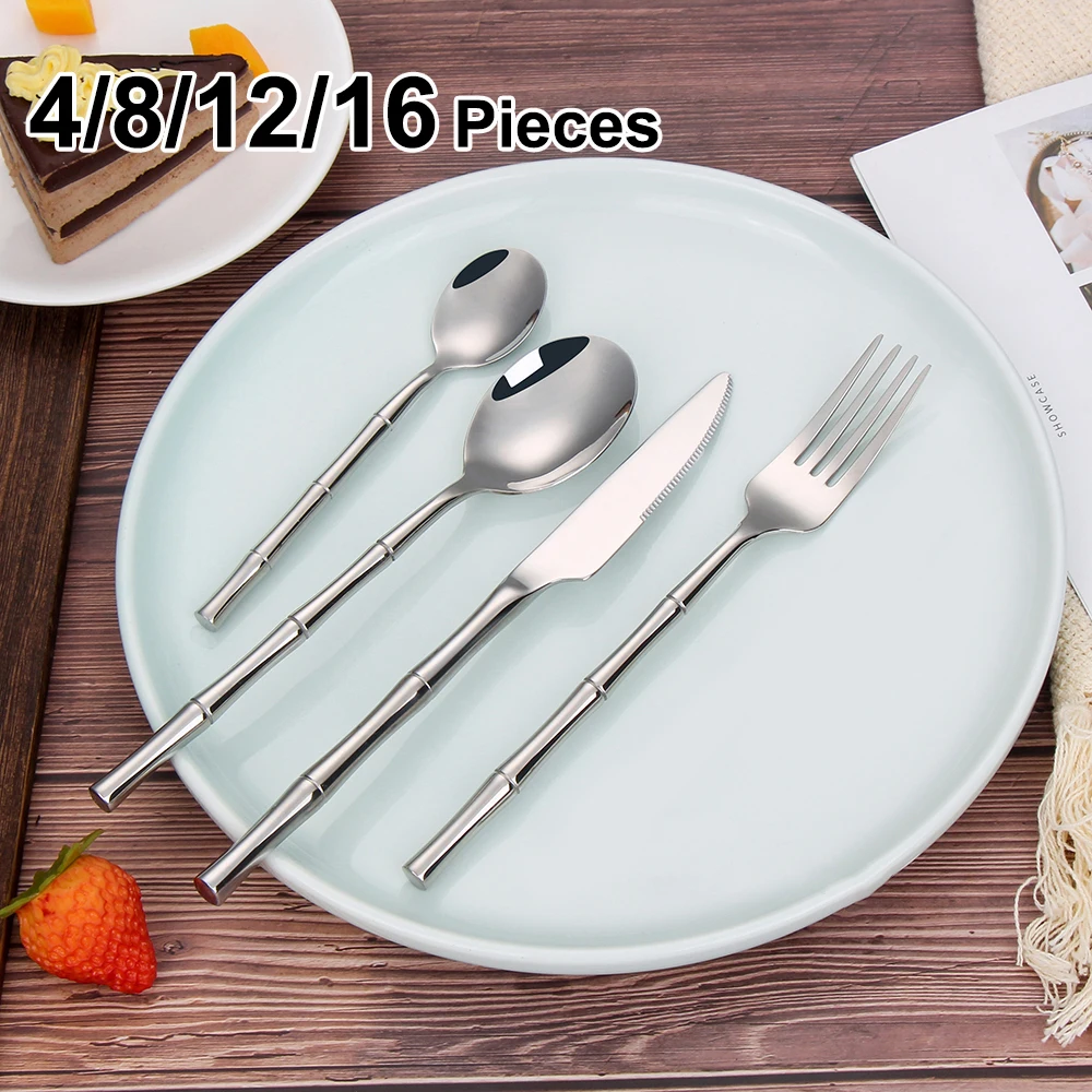 Silver Cutlery Set Stainless Steel 304 Tableware Mirror Gold Dinner Set Western Knife Fork Spoon 4Pcs 8Pcs 12Pcs 16Pcs Flatware