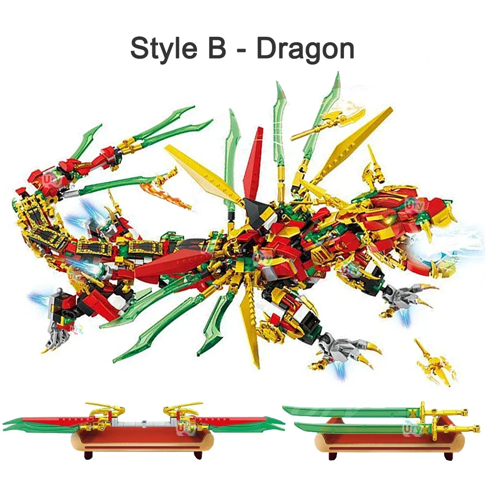 2 in1 Ninja Red Warrior Robot Battle Mech Flying Fire Dragon Set Fighter Figures Building Blocks Toys for Kids Boys Chritmas Gift