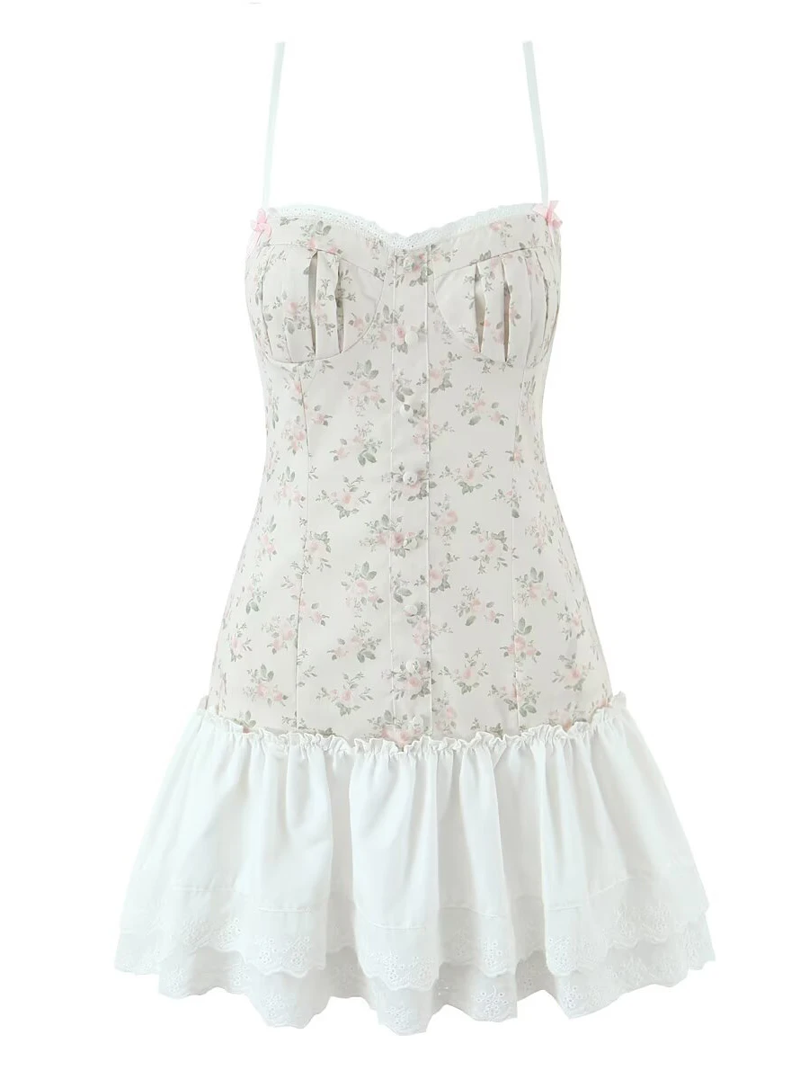 Robe mini camisole à imprimé floral TWOTWINSTYLE pour femmes, sans manches, amincissante, avec volants et bordure en dentelle, idéale pour les rendez-vous romantiques