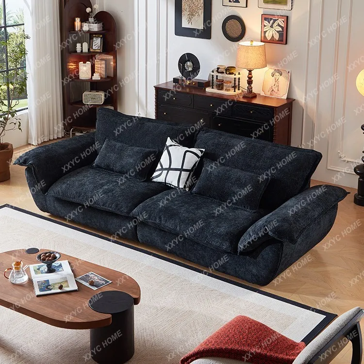 

TT retro chenille black fabric sofa straight row living room
