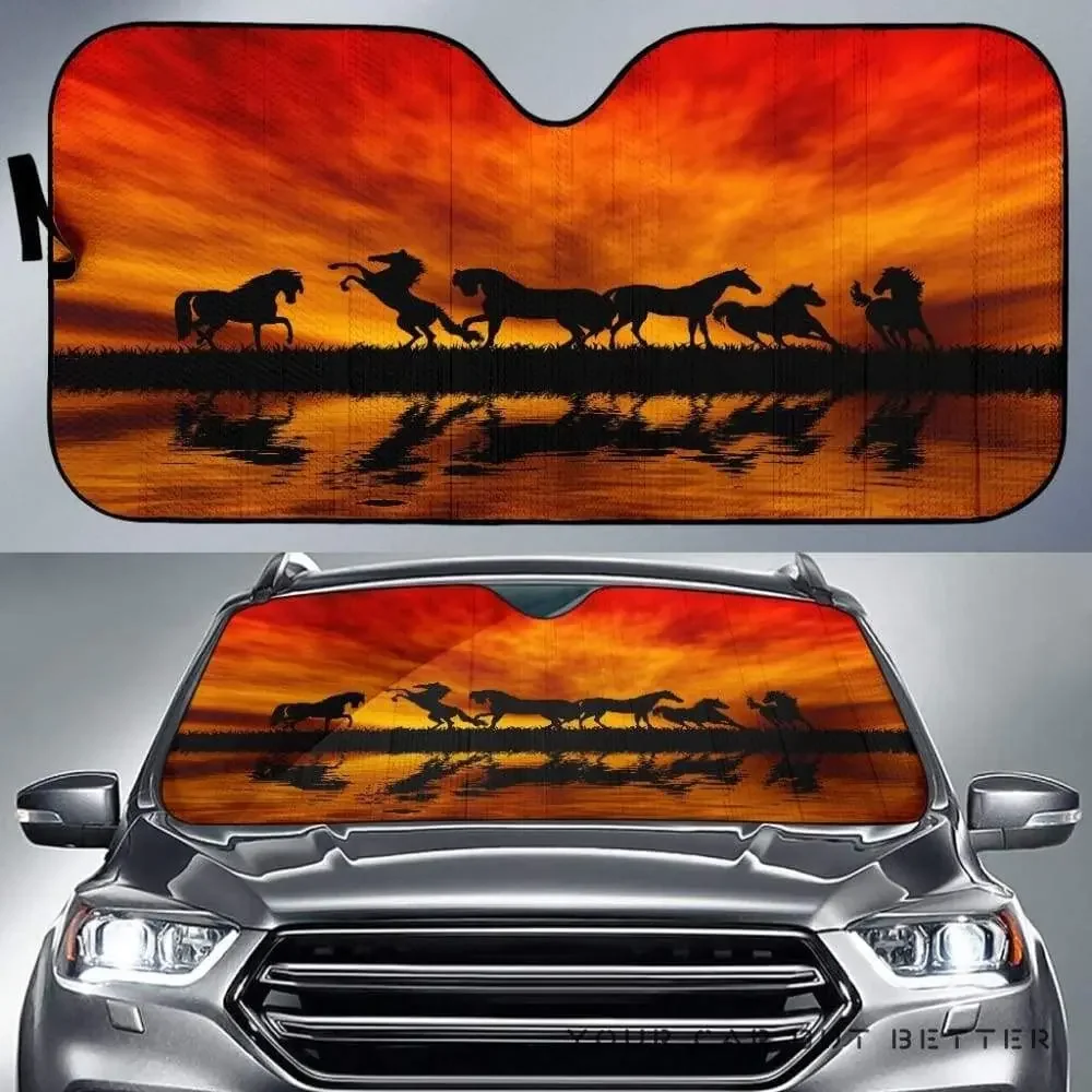 Running horse auto sunshade on sunset background, windshield sunshade, UV sunscreen car window sunshade for horse riders