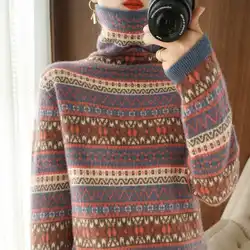 2023 Autumn and Winter Women's Pullover Turtleneck Printing Patchwork Underlay Fashion Casual Elegant Commuter Long Sleeve Tops