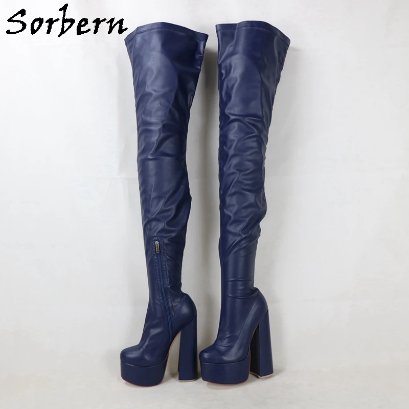 

Sorbern Navy Blue Block Heels Boots 75cm Thigh High Unisex Boot Thick Platform 20Cm Extreme Chunky High Heel Half Side Zippers