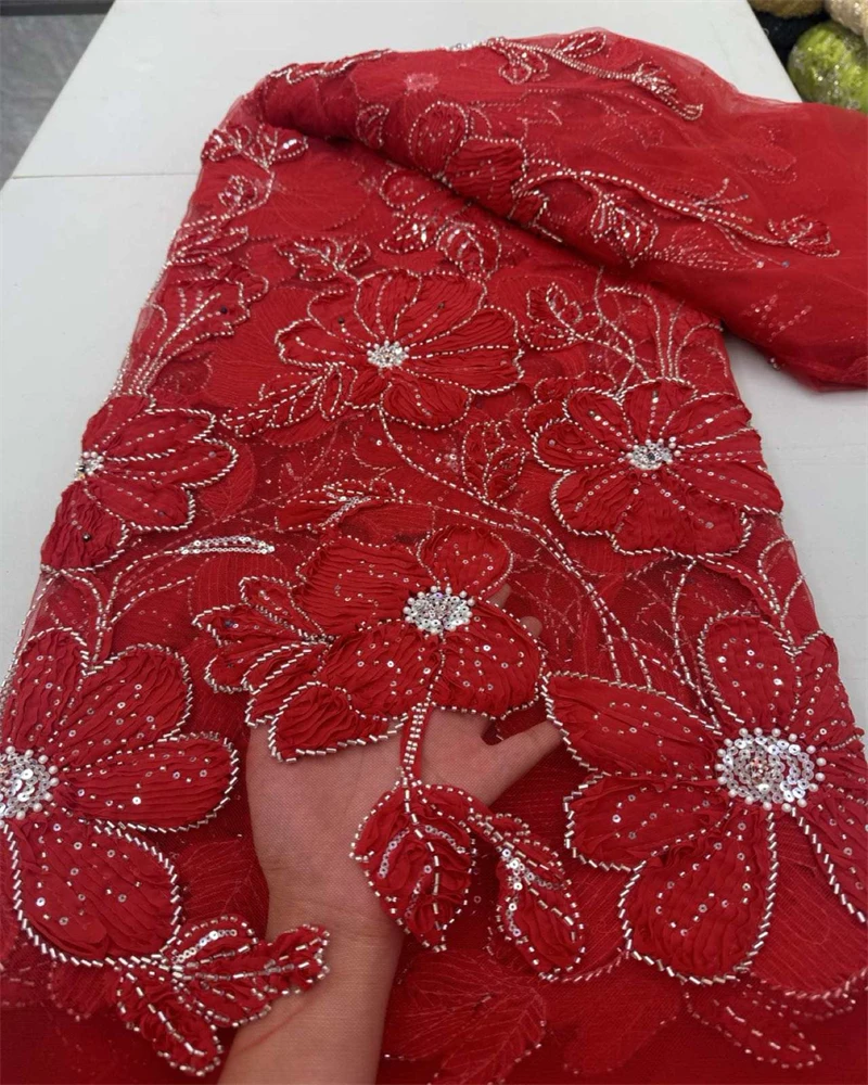 

Elegant French Embroidery Mesh Lace Fabric with Bead And Sequin for African Nigerian Wedding Dresses Fashionable