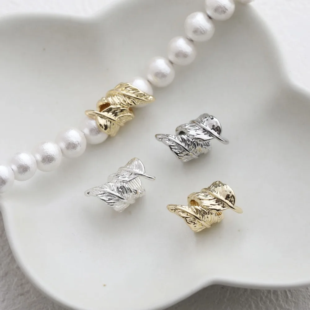 4PCS Dainty Feather Shape Beads for Handmade Beaded Necklace 14K Gold Plated Jewelry Making Supplies Accessories 20*10mm