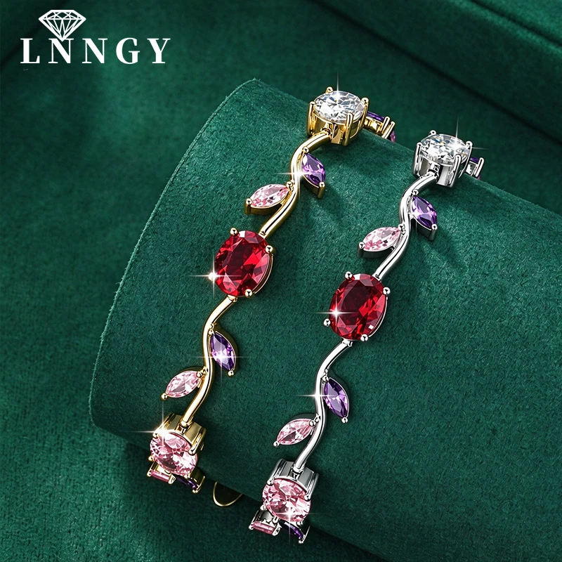 Lnngy Certified Oval Cut Moissanite Bracelet Sparkling Leaf Vine Flower Shape Chain Bracelets For Women Colorful Hand Jewely