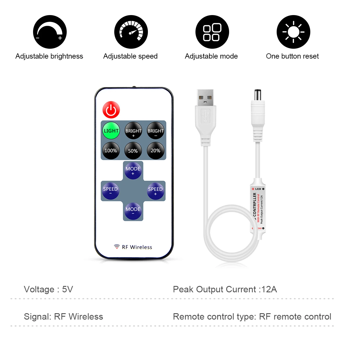 DC5V USB Ściemnialny kontroler LED ze ściemniaczem RF Pilot ON/OFF 5V DC żeński LED Strip Light