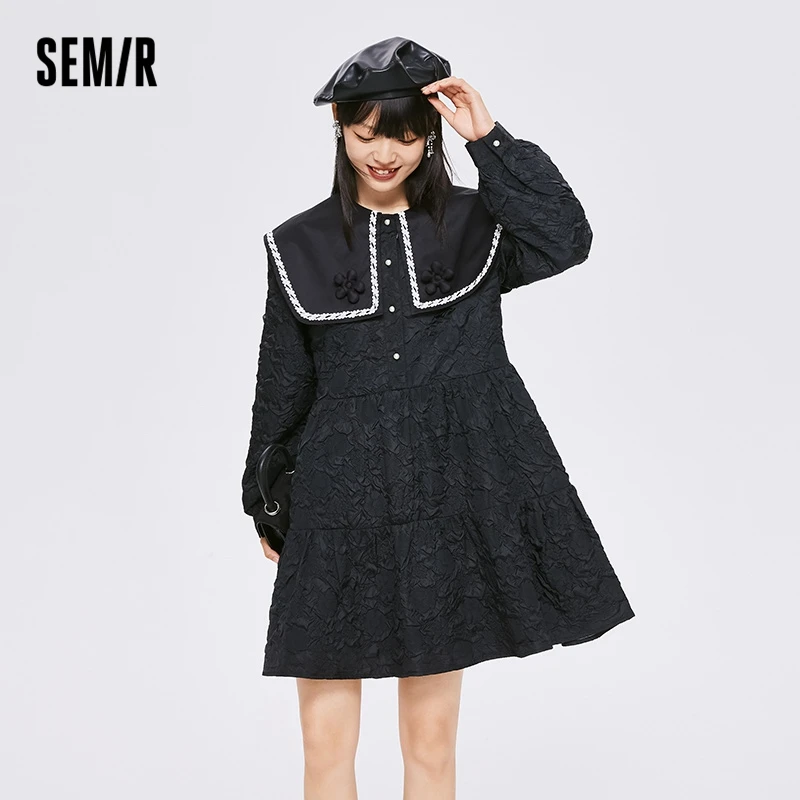 Semir Women Dress Lace Texture Black Dress College Style 2023 Autumn New Style Sweet Girls\' Dresses