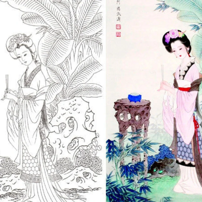 Chinese Line Drawing Manuscript Lady Character Meticulous Painting Copying Paper Ripe Xuan Paper Coloring Painting Line Draft