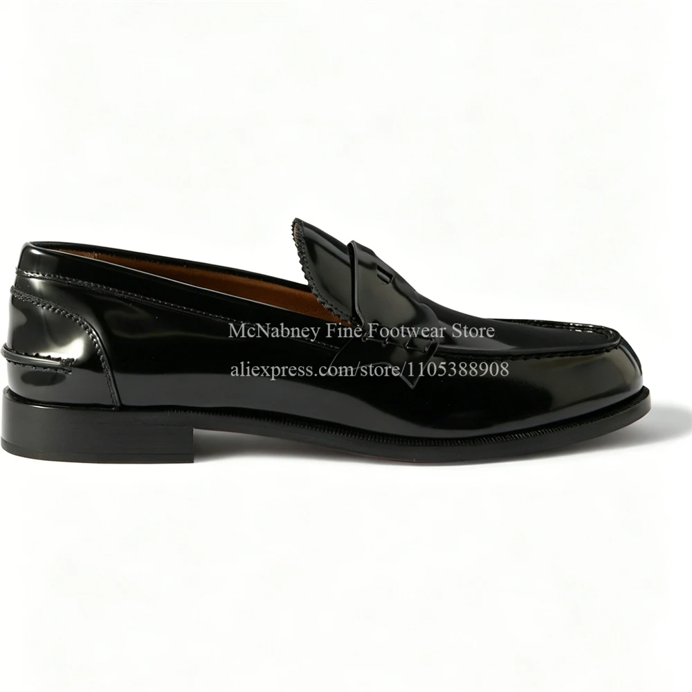 Black Polished Patent Leather Scalloped Edge Men Penny Loafers Slip on Formal Shoes Business Office Wedding Classic Dress Shoes