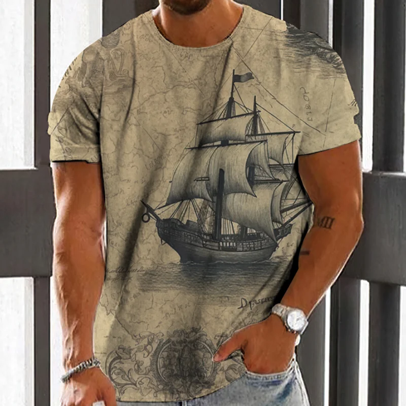 Vintage T-Shirt For Men 3d Sailing Boat Print Street Daily Sweatshirt Oversized Shirt Breathable Tops Summer Casual Short Sleeve