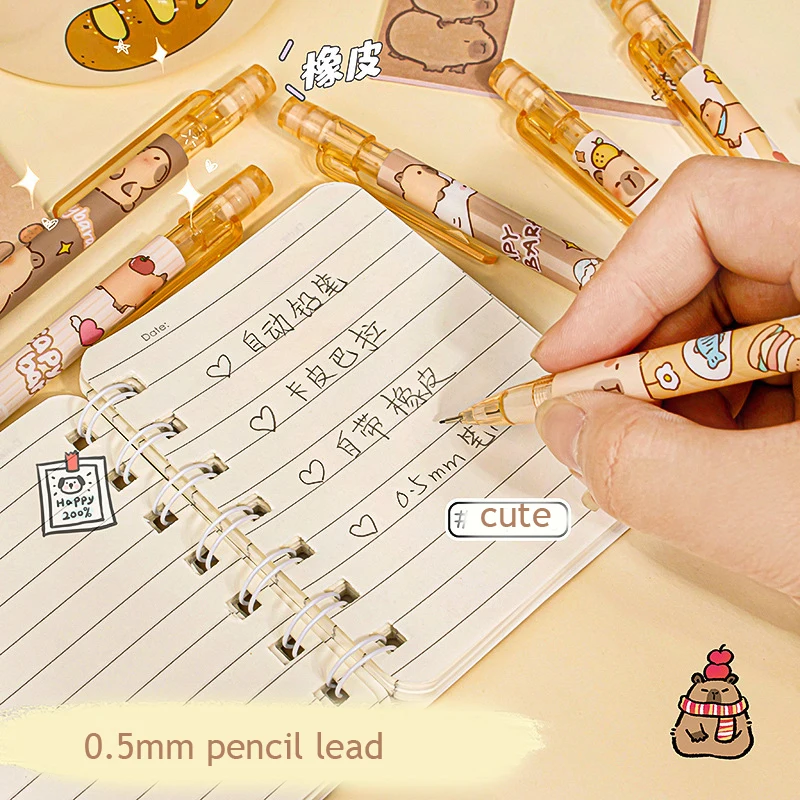 6pcs Cute Capybara Mechanical Pencil With Eraser Constantly Core Children\'s Drawing Writing School Supplies Aesthetic Stationery