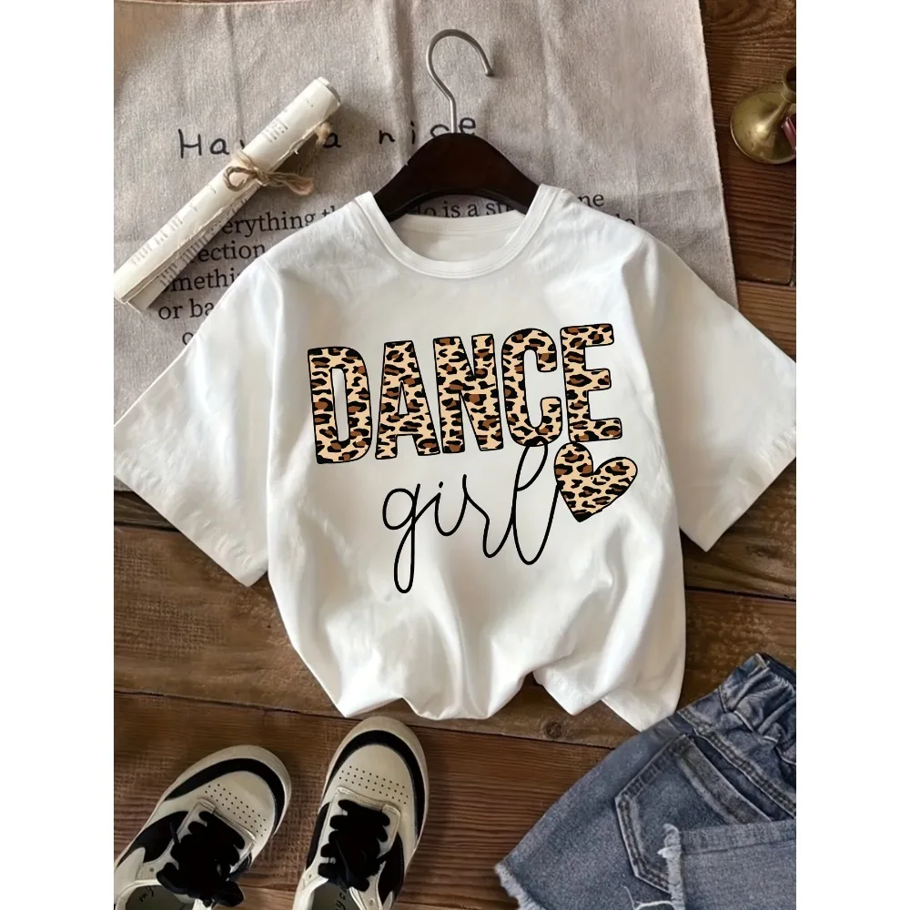 Girls Summer T-Shirt Creative Dance Girl Minimalist Leopard Print Letter Pattern Printed Girls T-Shirt Daily Dance Practice Top