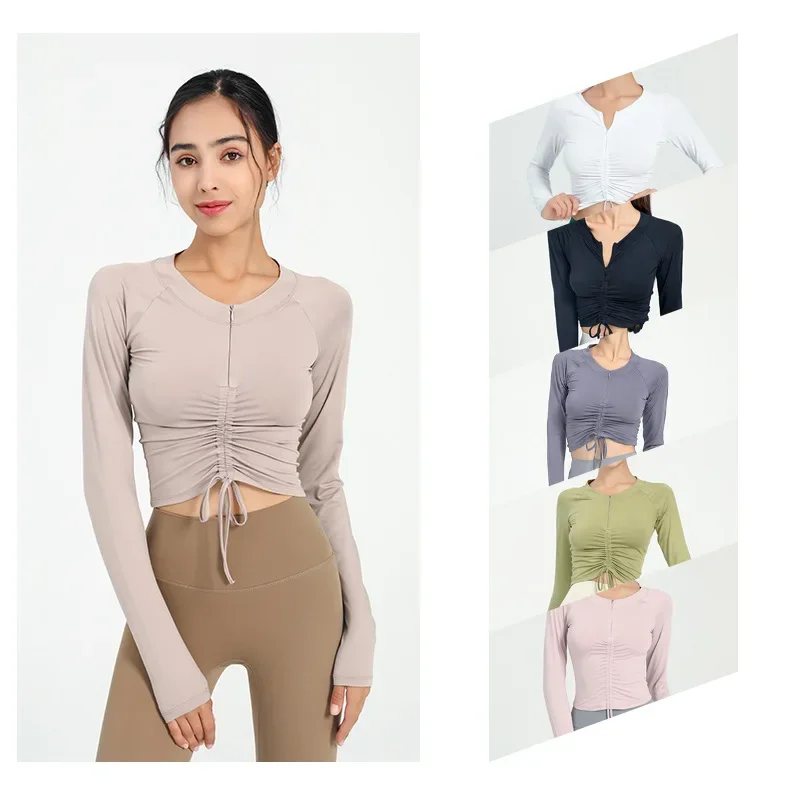 Long Sleeve Shirt Semi Zip Front Drawstring Yoga Tops Woman Sports Activewear Running Top for Fitness Female Blouse Gym Women