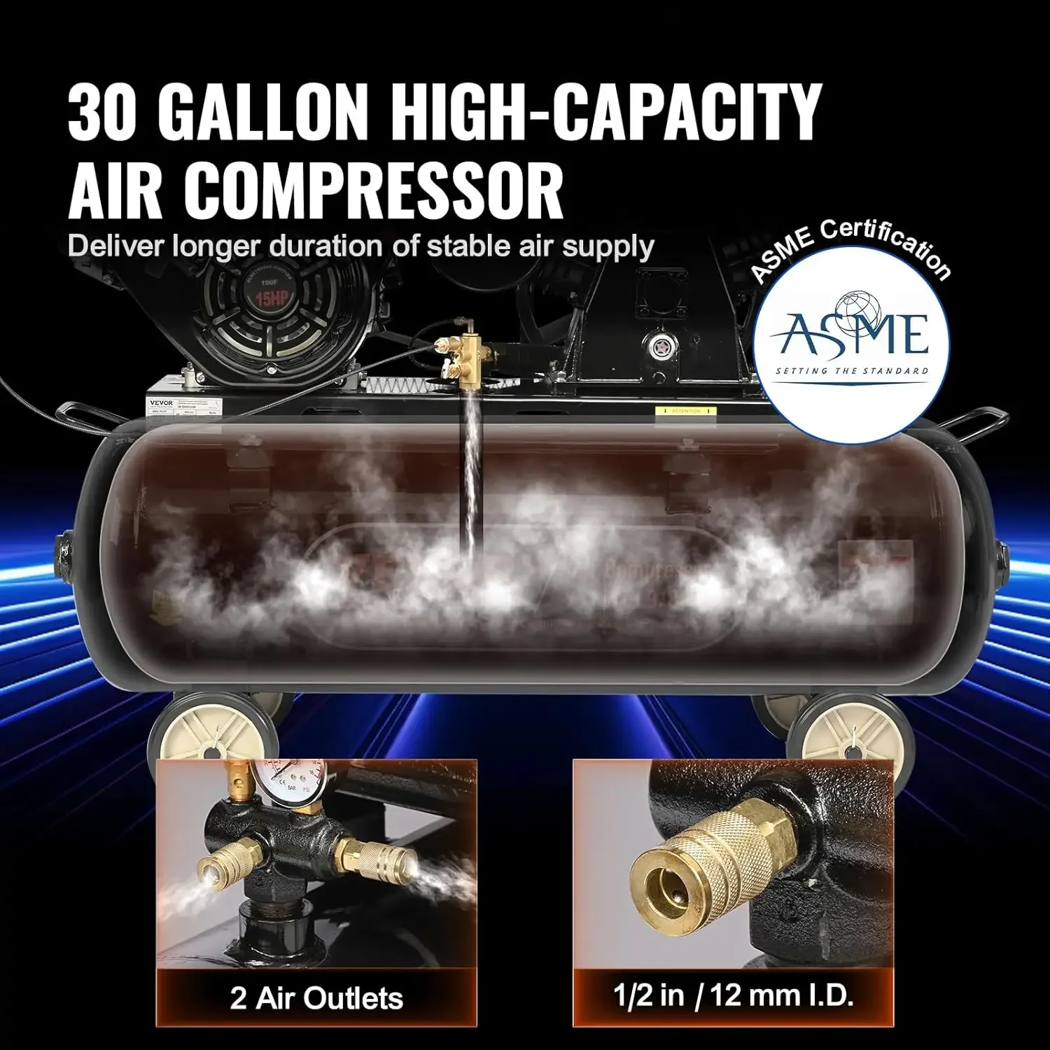 Compresseur d'air avec pression maximale de 115PSI, pompe à piston entraînée par le gaz, système comprimé, précieux sur roues, 30 gallons, 62