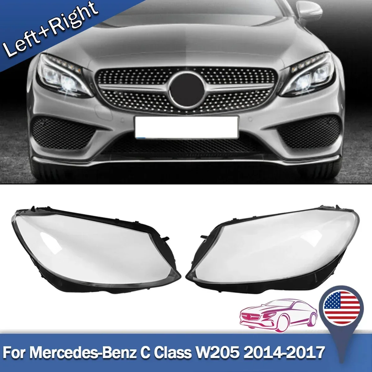 For 2015-17 Mercedes-Benz W205 C300 C350 Headlight Cover Lens Replace Left+Right