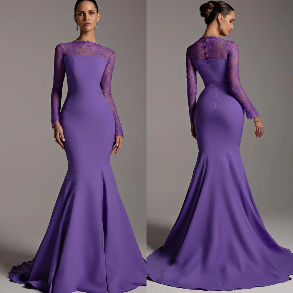 Vestido de noche de sirena de Jersey de manga larga con cuello barco personalizado, vestidos de fiesta con tren de barrido, vestidos para ocasiones especiales con temperamento