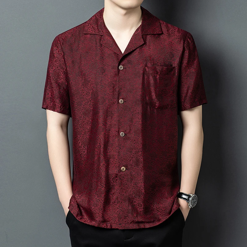 

Cuban Collar Luxurious Shirts For Men Short Sleeved Cool Feeling Summer Quality Silk 65%&Viscose 35% Chinese Style Chemise Homme