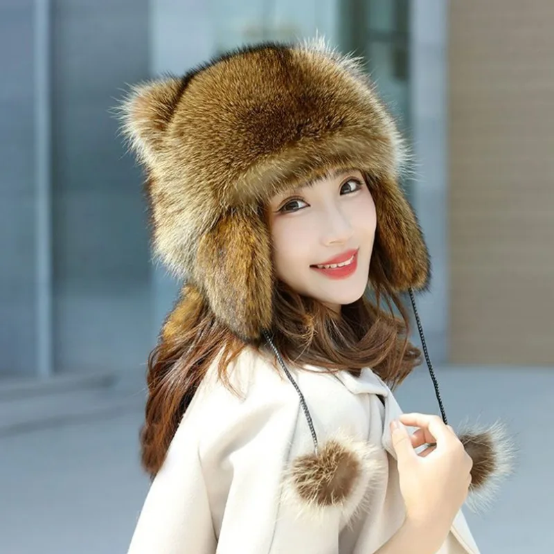 trend Raccoon Fur Cap Tail Women Natural Raccoon Fur Caps Ushanka Hats for Winter Thick Warm Ears Fashion Bomber Pom Pom Hat