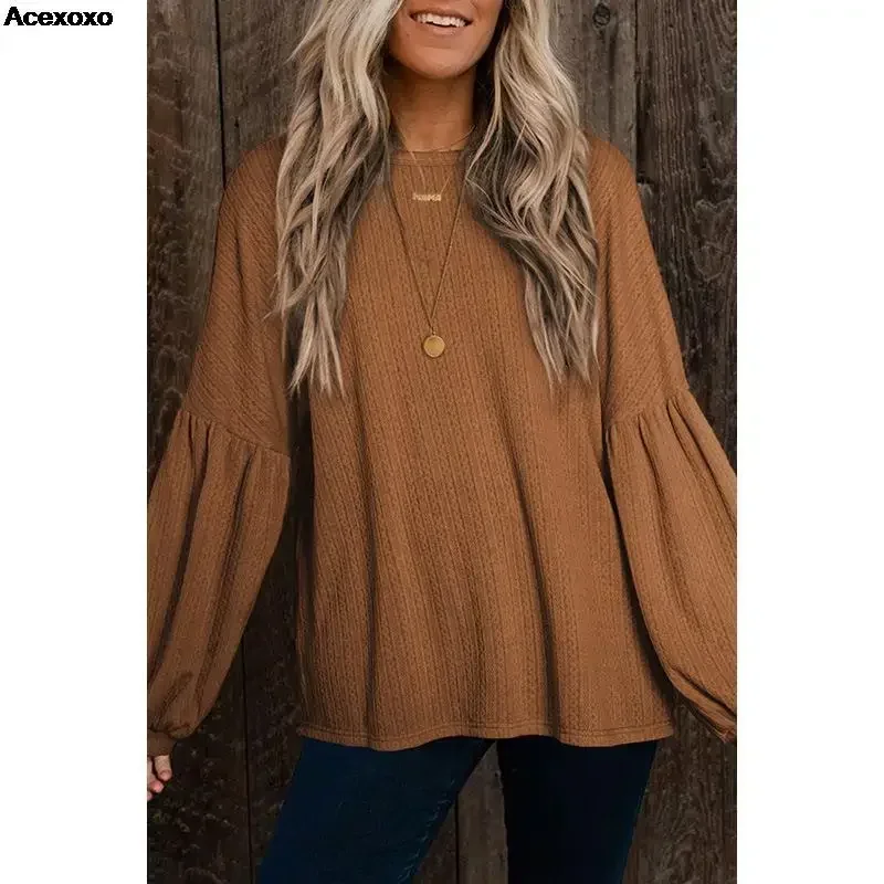 

Autumn new women's fashion casual solid color knitted loose puffy sleeve top