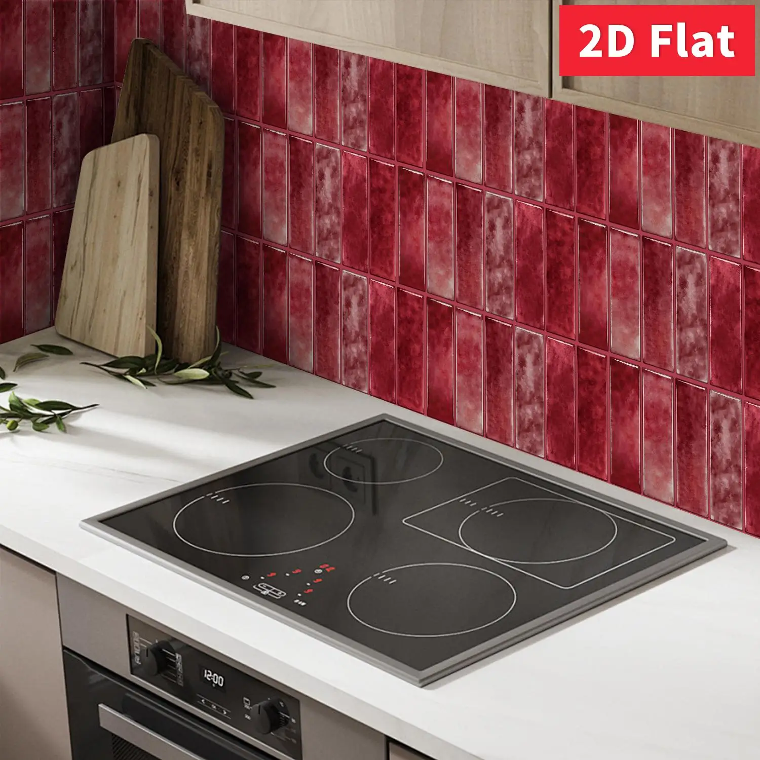 Burgundy Red Self‑Adhesive Wall Tile Stickers 11.81×5.91 inch 2D Flat Crystal Film for Kitchen Bathroom Living Room Decor