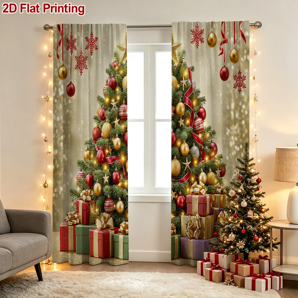 2PCS Christmas Curtains, Christmas Tree Gift Box Ball, Digital Print, Bedroom Living Room, Rod Pocket Polyester, Home Decor