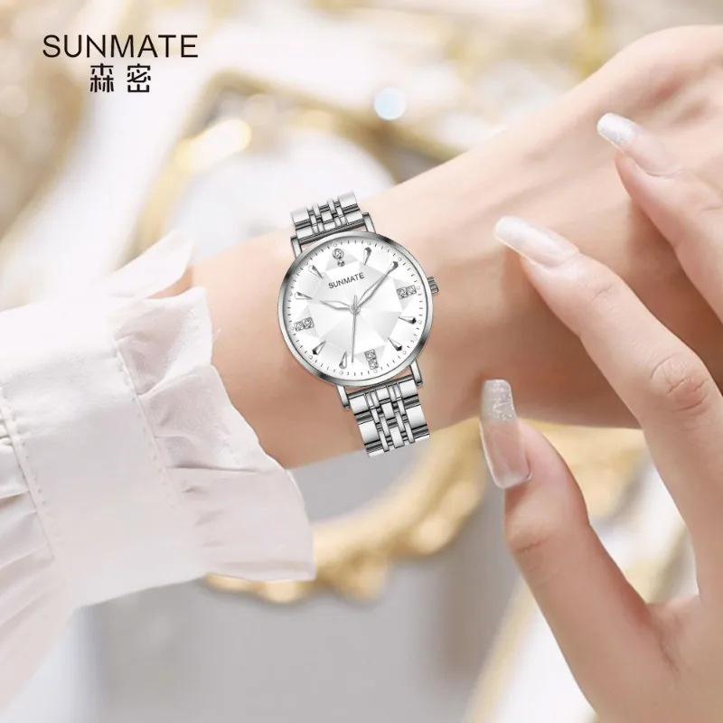 ساعة نسائية رسمية بسيطة من الفولاذ المقاوم للصدأ مقاومة للماء كوارتز ساعة ماسية فاخرة ساعة نسائية عصرية بمينا أبيض وأخضر ووردي #2