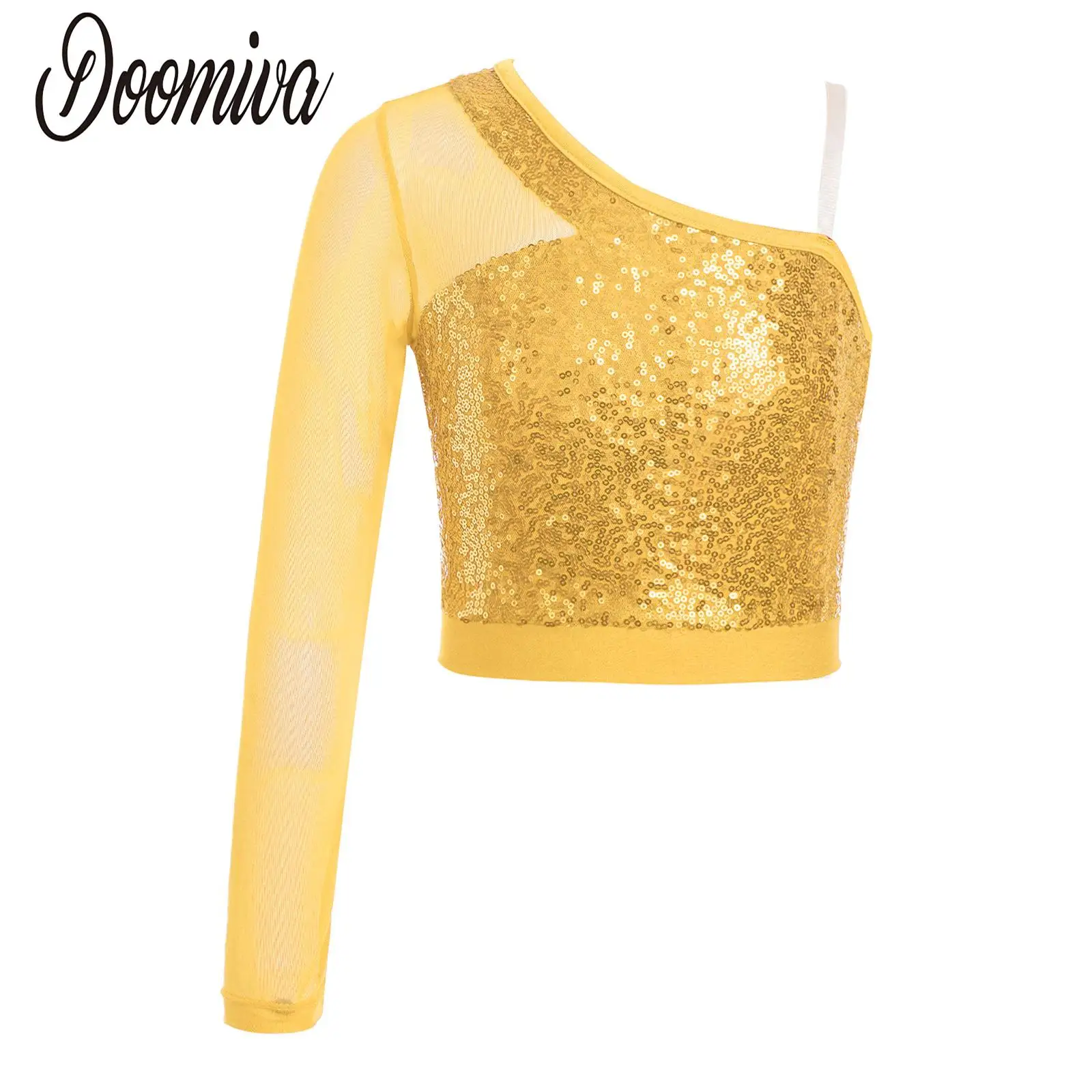 

Girls Shiny Sequins Cropped Top Shirts for Modern Street Dance Performance Costume Sheer Mesh Long Sleeve One Shoulder Shirt