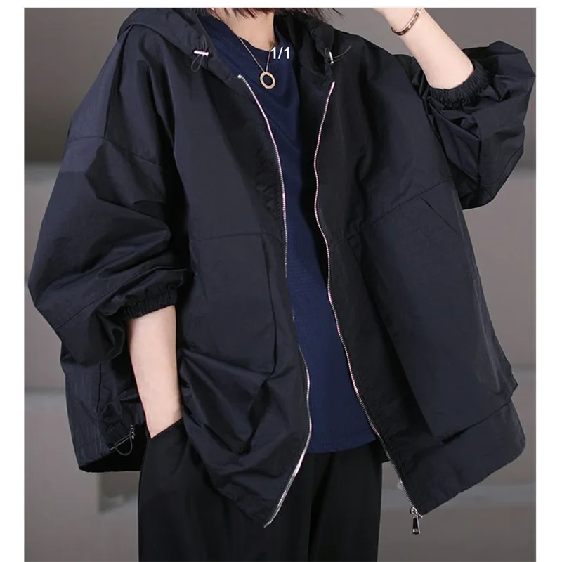 Spring Autumn Loose Women's Jacket Large Size Drawstring Hood Zipper Slant Pocket Short Women's Windbreaker Coat