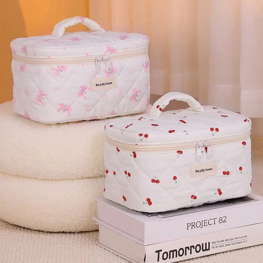 Creative Quilted Sewing Makeup Bag Cotton Bow Travel Toiletry Bag Zipper Large Capacity Handbag